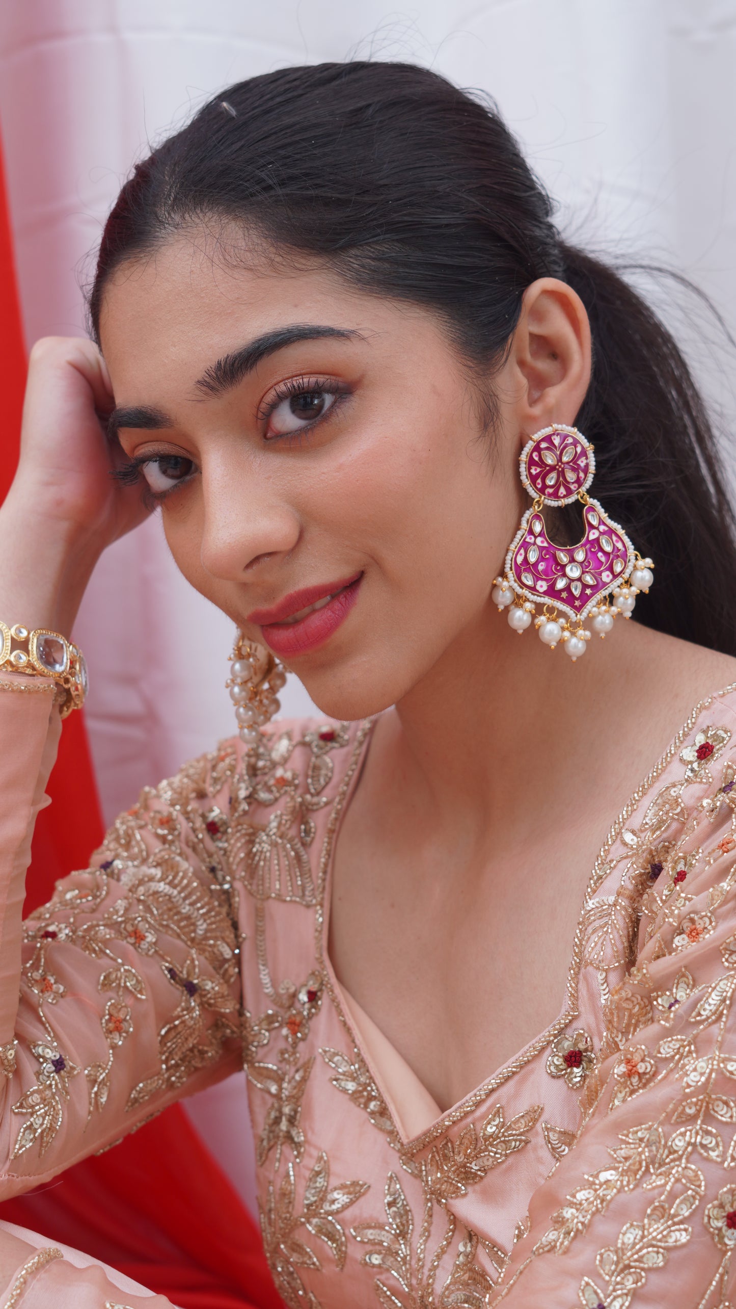 PINK MEENAKARI KUNDAN EARRINGS