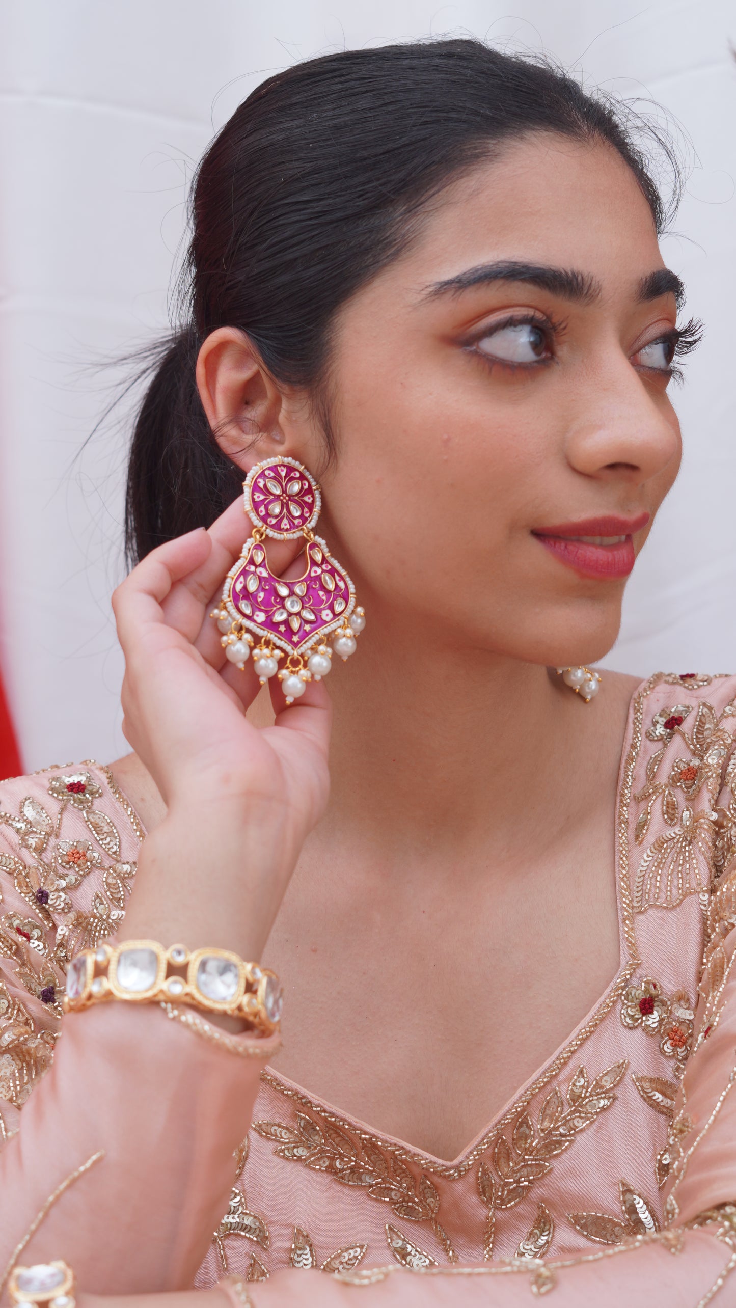 PINK MEENAKARI KUNDAN EARRINGS