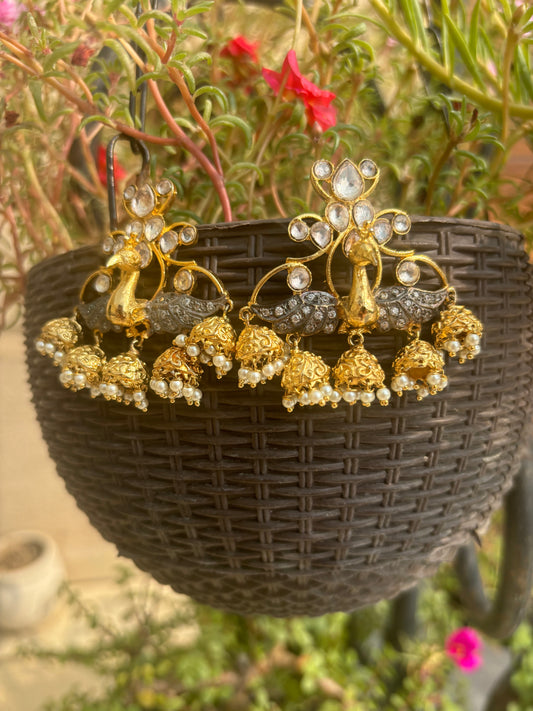 golden-kundan-peacock-jhumkis